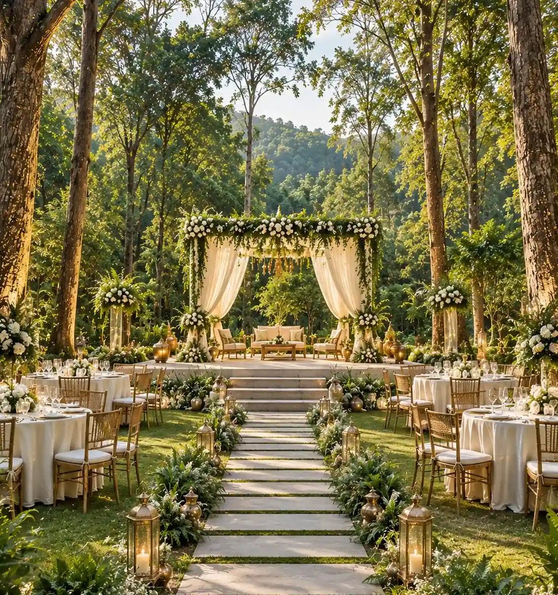 Forest wedding ceremony venue with mandap and lawns at Kanha Resort, Madhya Pradesh