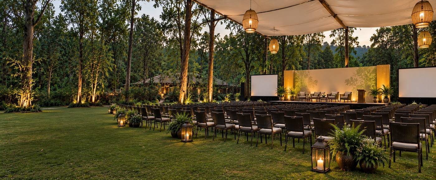 Corporate offsite and conference venue in Kanha National Park with open-air stage