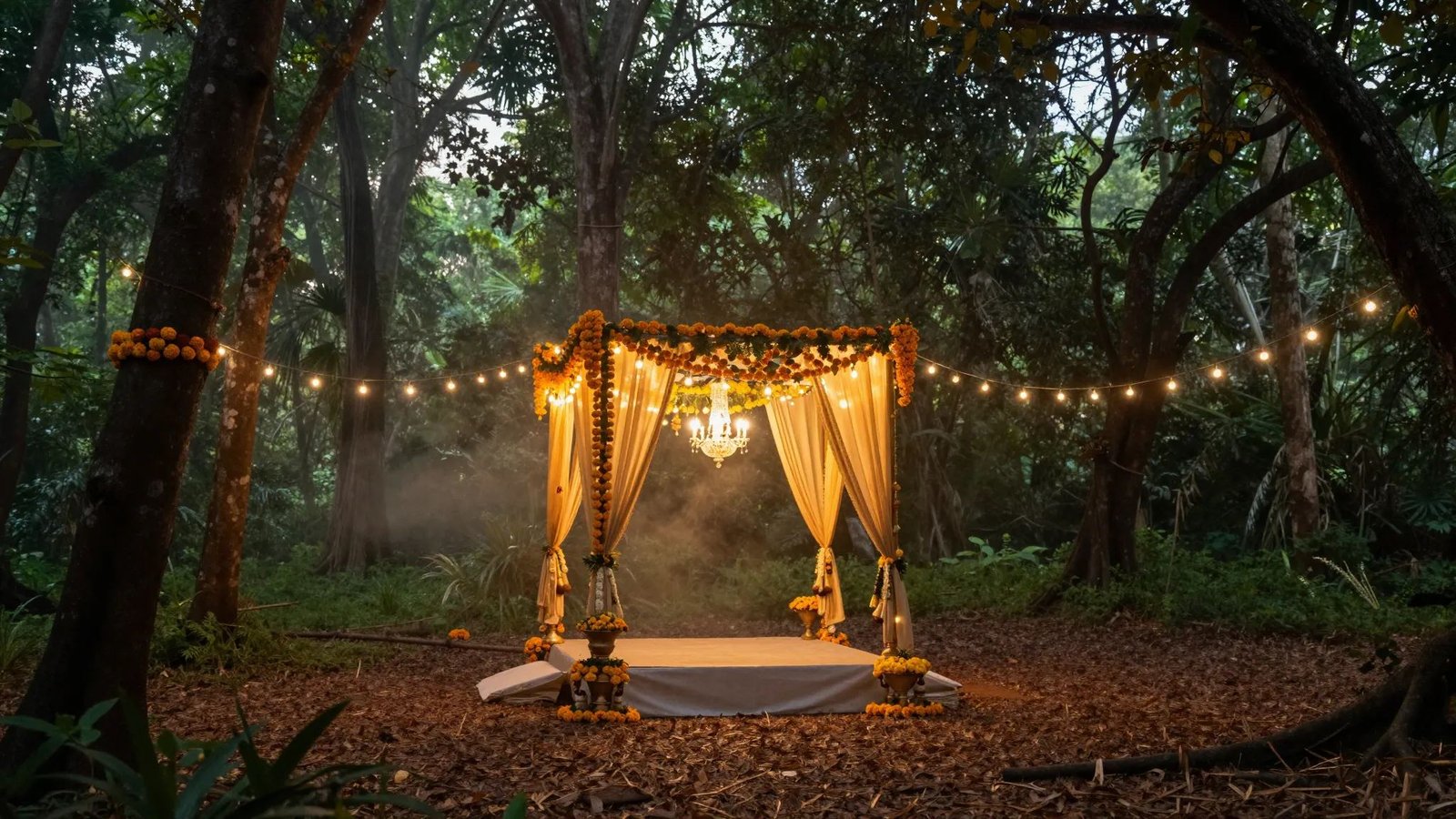 Destination wedding mandap in the forest at K3 Club, Kanha National Park