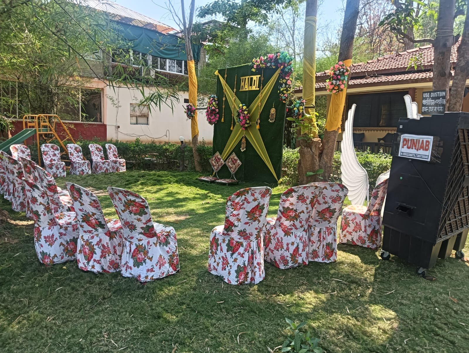 Wedding stage decoration on the lawns at K3 Club, Kanha Resort